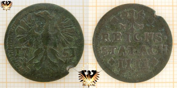 Kupfermünze aus der Freien Reichsstadt Aachen zu 4 Heller von 1751. Herrscher Franciscus I