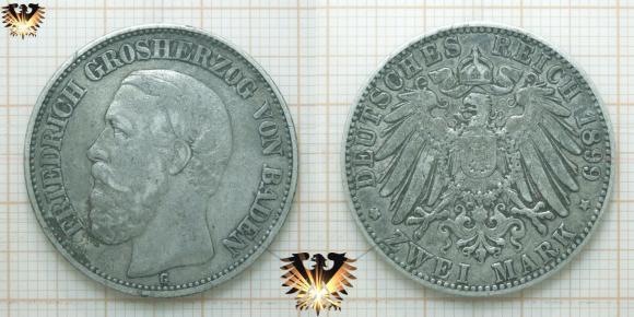 Deutsches Reich, Zwei Reichsmark Silbermünze, 2 RM: Großherzog Friedrich I, Regent vom Großherzogtum Baden. Geprägt von 1892 bis 1902.