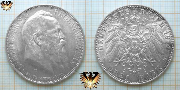 Bayern Kaiserreich Muenze, 3 Mark, Prinz-Regent Lvitpold 1911 D, Silber   © AuKauf.de