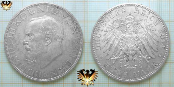 5 Mark 1914 D, Koenig Ludwig III von Bayern, Deutsche Silber Münze   © AuKauf.de