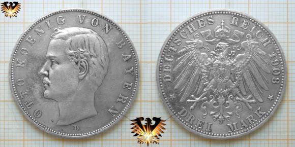 Bayern Kaiserreich, Münze zu 3 Mark, von 1908, König Otto   © AuKauf.de
