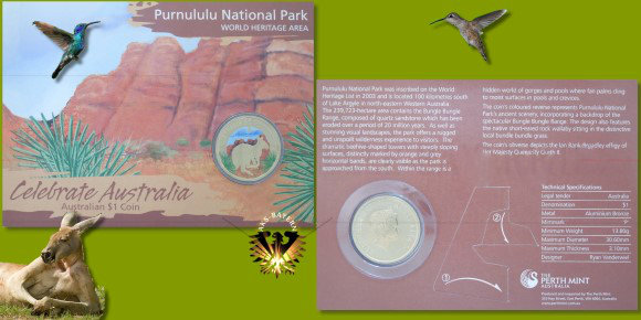 Der Blister zur Farbmünze 1 $ Australien, World Heritage Area - Purululu National Park.