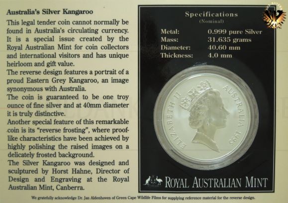Rückseite des Münzblister des Australien Kangaroo von 1995 im Wert von One Dollar, 1 Ounce Fine Silver