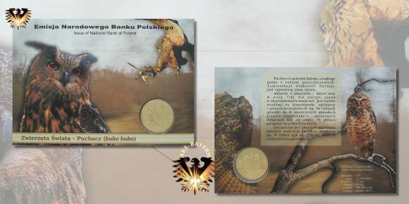Blisterkarte zur 2 Zloty Sondermünze aus dem Jahr 2005. Motiv Wanderfalke - Puchacz bubo bubo. Ausgegeben von Emisja Narodowego Banku Polskiego - Bank of Poland
