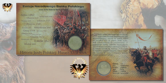 Blisterkarte zur 2 Zloty Gedenkmünze von 2009. Motiv: Husaren.  Ausgegeben von Emisja Narodowego Banku Polskiego - Bank of Poland
