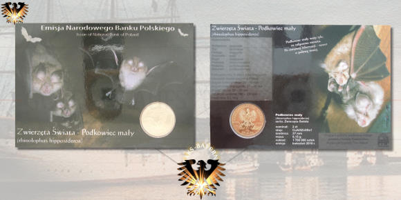 Blisterkarte zur 2 Zloty Sondermünze aus dem Jahr 2010. Motiv Hufnasen-Fledermaus Photos und Münzen.