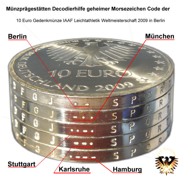 Der Auflagecode / Prägestättencode (verschlüsselt) der 10 € Münze BRD zur IAAF Leichtathletik WM in Deutschland 2009 © AuKauf.de