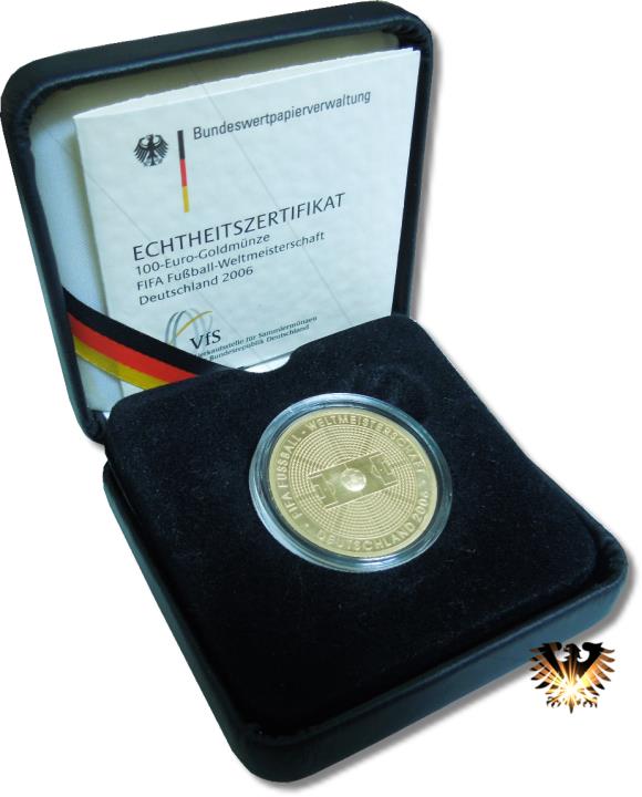 Deutsche 100 Euro Goldmünze, in Originalverpackung und Zertifikat. Thema FIFA Fußball Weltmeisterschaft 2006