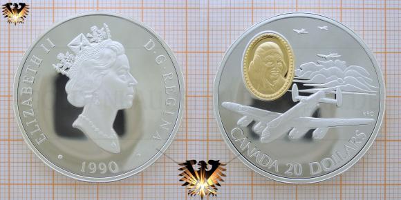 Avro 683, der Bomber der Royal Air Force aus dem zweiten Weltkrieg - Silbermünze mit Gold-Kamee im Wert von 20 Dollar, Kanada 1990.