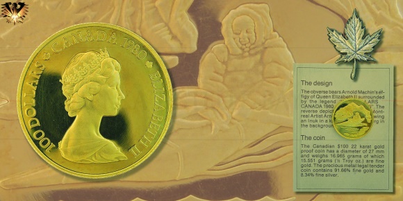 Das Bild zeigt das Zertifikat der 100 Dollar Goldmünze Kanada aus dem Jahr 1980. Arctic Territories.