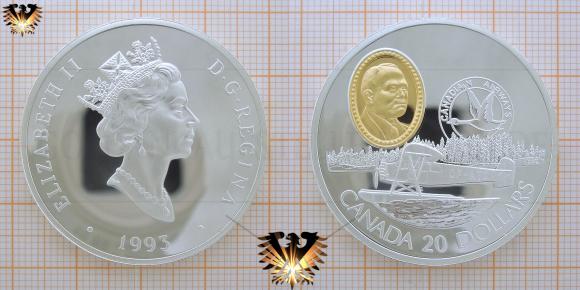 Die Fairchild 71C auf einer Silbermünze mit Goldinlay im Wert von 20 Dollar aus Kanada von 1993.