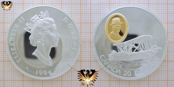 Canada, 20 Dollars, 1994, Flugzeug, Vickers Vedette, Silbermünze   © aukauf.de 