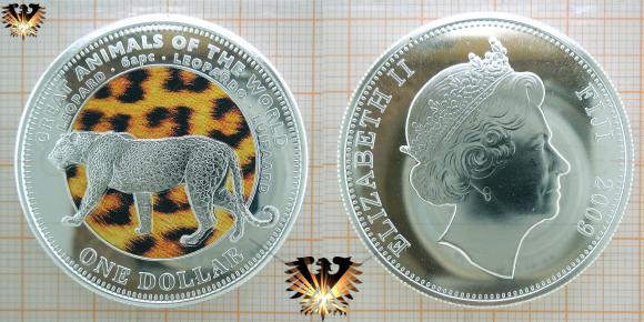 Münze mit Farbdarstellung vom Fell des Leoparden. Fiji 1 $ 2009, Elisabeth II, Luipaard.