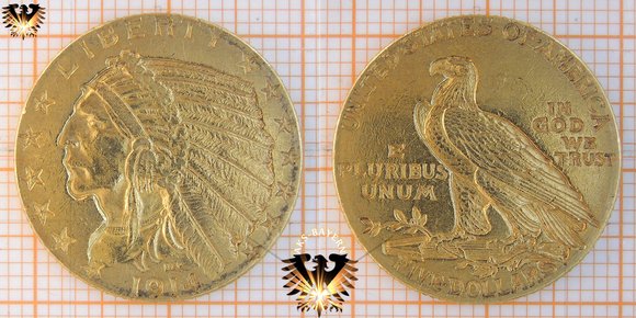 $5 Dollars, USA, 1914, Indian Head, Half Eagle, Goldmünze © aukauf.de 