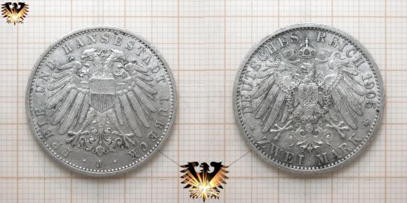 Lübecker Reichsmünze, zu 2 Mark Silber, geprägt von 1904 bis 1912 in Berlin.