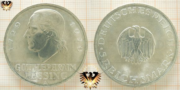 5 Reichsmark Münze 1929,  GOTTH. EPHRAIM LESSING - Weimarer Sammlermünze © AuKauf.de