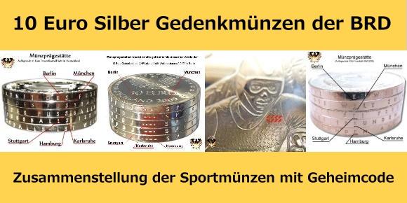 Zusammenstellung der 10 Euro Silber Gedenkmünzen der Bundesrepublik Deutschland, die in der Randschrift und auf der Bildseite mit einem Prägestätten Geheimcode versehen sind.