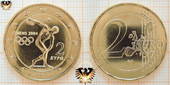 Vollvergoldete 2 Euromünze aus Griechenland, von 2004 zur Olympiade in Athen