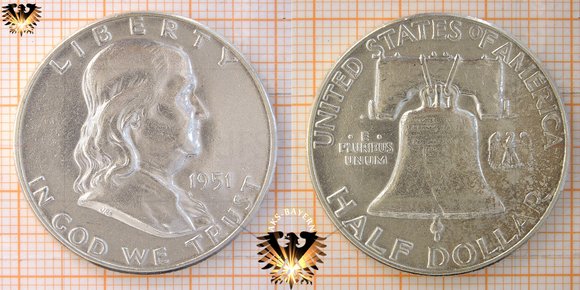 50 Cents, 1/2 Half Dollar, USA, 1951, Gedenkmünze Benjamin Franklin, Franklin Half dollar, 1948-1963, US, Silbermünze