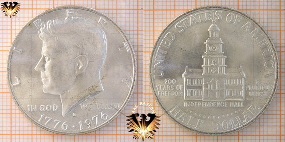 50 Cents, 1/2 Dollar, USA, 1976, Kennedy Half Dollar, Gedenkmünze zum 200. Jubiläum der Unabhängigkeit, Indepencence Hall, 1776-1976