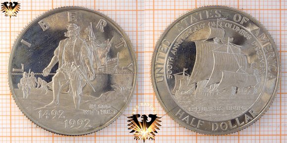 50 Cents, 1/2 Dollar, USA, 1992, Gedenkmünze zum 500. Jubiläum der Entdeckung durch Christoph Columbus, US