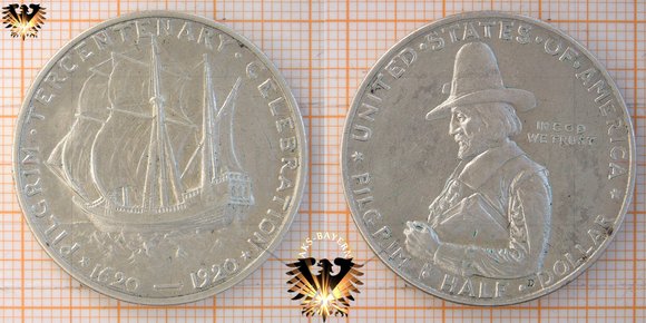 Half Dollar, USA, 1920, Pilgrim tercentenary - ohne Jahreszahl auf der Bildseite © aukauf.de 