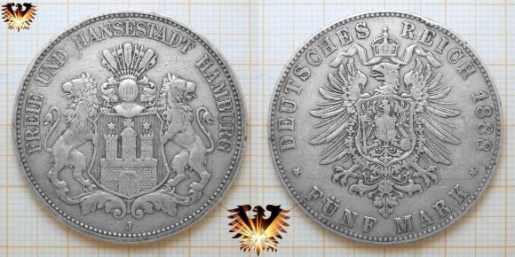 Deutsches Reich, Fünf Reichsmark Silbermünze, 5 RM: Hansestadt Hamburg. Geprägt von 1875 bis 1888.