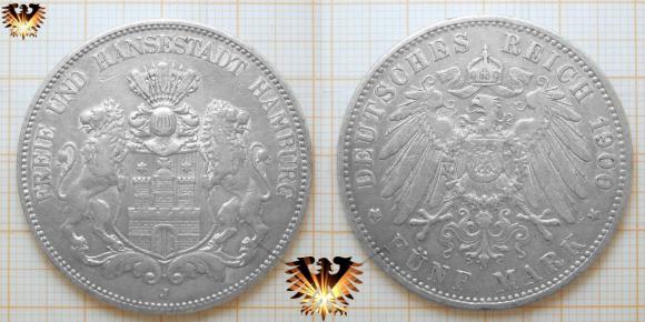 Hamburger Reichsmünze aus Silber: Freie Hansestadt Kaiserreich Münze zu 5 Mark. Geprägt von 1891 bis 1913.