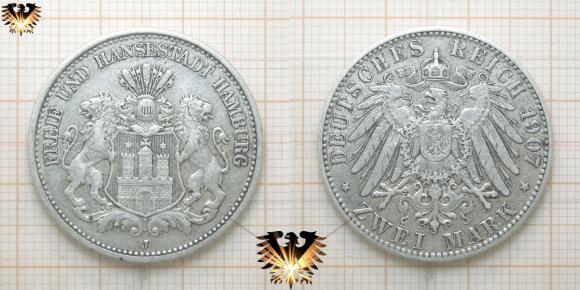 Hamburg Münze aus Silber, deutsche Kaiserzeit, Zwei Mark, 1907 J, freie und Hansestadt,   © AuKauf.de