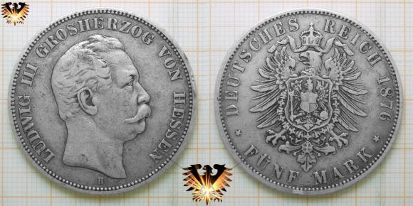 5 Reichsmark, RM Großherzogtum Hessen mit kleinem Reichsadler. Ludwig der 3., hessischer Grosherzog. Regierungszeit von 1848 bis 1877