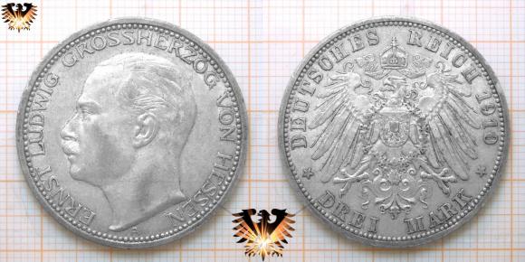 Großherzog Ernst Ludwig auf der 3 Mark Silbermünze aus dem deutschen Reich, von 1910, Prägestätte A= Berlin. Großer Reichsadler.