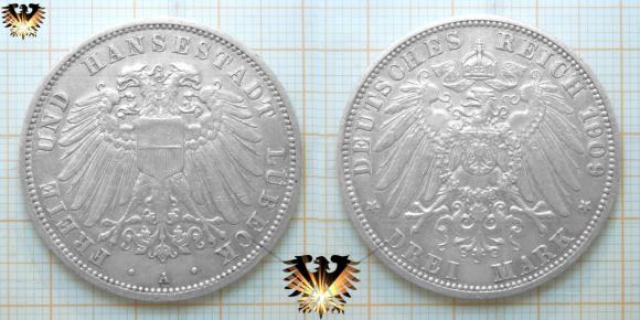 Lübecker Kaiserreich Münze im Wert von 3 Mark. 1909 A. Die Reichsmünze wurde von 1908 bis 1914 ausgeprägt. Freie Stadt Lübeck.