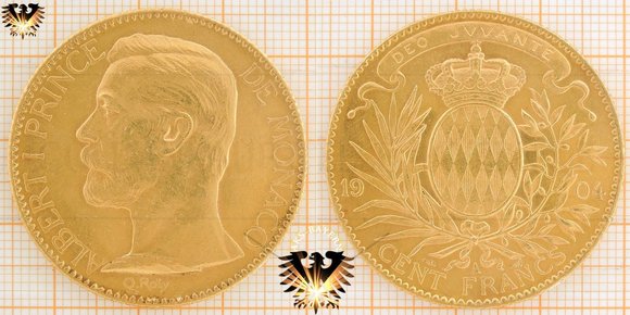 Die offizielle Goldmünze von Monaco wie sie 1901 und 1904 mit dem Portrait von Fürst Albert dem 1. geprägt wurde.