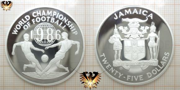 Fußballmünze aus Jamaika, Nennwert 25 Dollar, erschienen 1986 im Gedenken an die Die 13. FIFA WM 1986. 
Motiv: Zwei Spieler im Kampf um den Ball.
