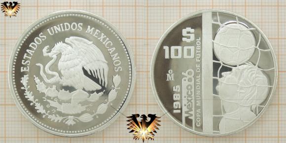 Mexiko 1986: XIII. Fußball-Weltmeisterschaft, 925er Silbermünze, geprägt 1985 in Mexiko, 100 Pesos.
Motiv: Torhüter balanciert Ball auf dem Kopf.