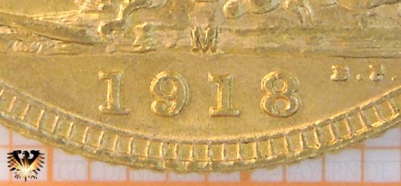 Münzzeichen M auf der Goldmünze Sovereign - für Melbourne in Australien von 1872 bis 1931..