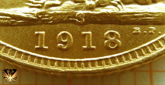 Münzzeichen S auf der Goldmünze Sovereign aus England - Prägeanstalt Sydney