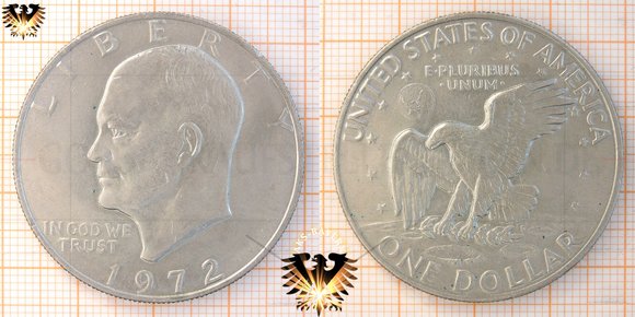 1 Dollar, USA, 1972, Eisenhower Dollar, Apollo 11, Silbermünze. © aukauf.de 