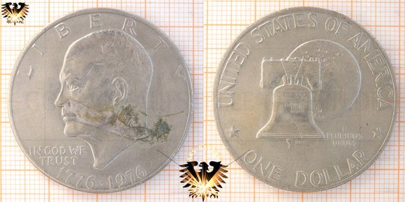 1 US Dollar, 1972, Eisenhower Dollar, Moon behind Liberty Bell, Bicentennial Design zum 200 jährigen Bestandsjubiläum der USA, 1976 Silbermünze.
