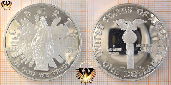 1 US Dollar, 1989, Gedenkmünze zum 200. Jahrestag der Einberufung des Kongresses, Bicentenniel of the Congress, 1789-1989, Silbermünze
