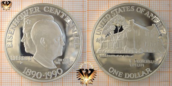1 US Dollar, 1990, Eisenhower, Gedenkmünze zum 100. Geburtsjubiläum von Dwight Eisenhower, Silbermünze