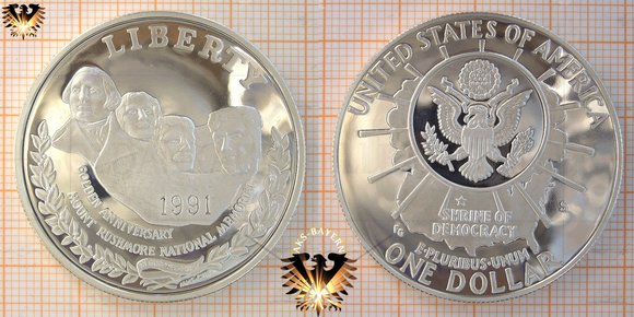 1 Dollar, USA, 1991, Mount Rushmore, Golden Anniversary © aukauf.de 