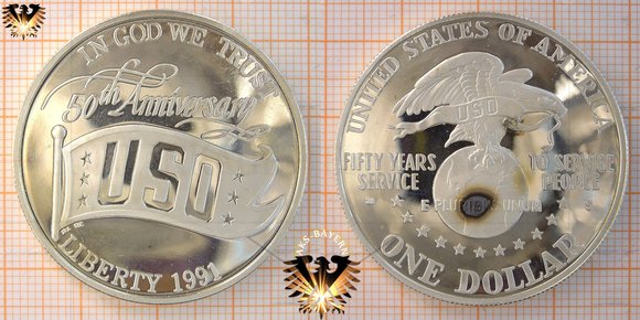 1 US Dollar, 1991 S, PP, Gedenkmünze zum 50 jährigen Jubiläum der USO, 50th Anniversary USO, 1941-1991, Silbermünze