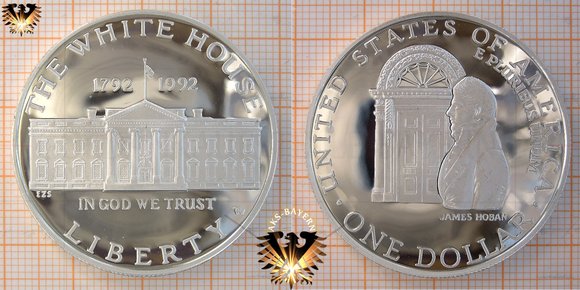 1 US Dollar, 1992, Gedenkmünze zum 200 jährigen Bestehen des Weißen Haus, White House Bicentennial, 1792-1992, Silbermünze