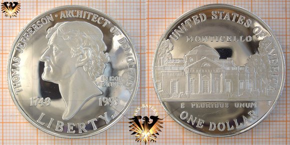 1 Dollar, USA, 1993, Thomas Jefferson, 250. Anniversary, 1743-1993 © aukauf.de 