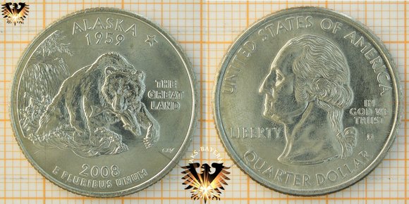 25 Cents, 1/4 Dollar, Statequarter, 2008 D, Alaska, 1959, The Great Land