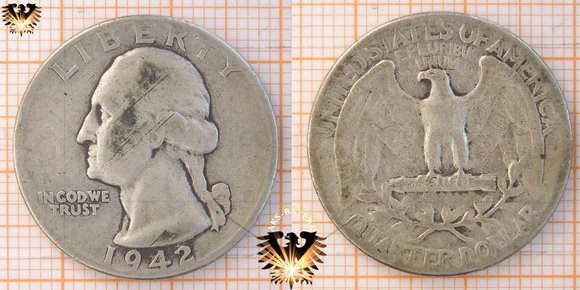 1 Quarter Dollar, ¼$, 25 Cents, USA, 1942, Washington Quarter, Umlaufmünze, Silbermünze, 25 Cents, 1932-1964, zum 200. Geburtstag von George Washington