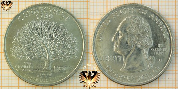25 Cents, ¼ Dollar, USA, 1999, D, Connecticut 1788, The Charter OAK