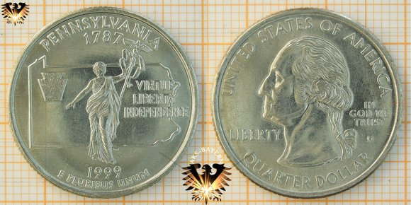25 Cents, 1/4 Dollar, USA, 1999, D, Pennsylvania 1787, Virtue Liberty Independence - Washington Quarter