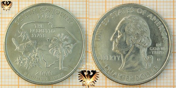 25 Cents, 1/4 Dollar, USA, 2000, D, South Carolina 1788, The Palmetto State - Washington Quarter